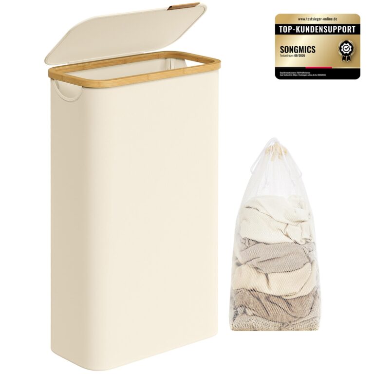 SONGMICS Cesto Portabiancheria con Coperchio, 65 L, Sacco Rimovibile | Cesta per Bucato, 42 x 22,5 x 70,5 cm, Pieghevole, Salvaspazio, Tessuto Oxford, Bianco e Bambù Chiaro, ROXAN…