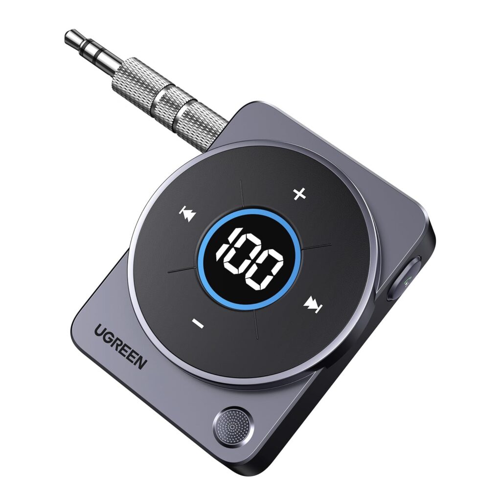 UGREEN Ricevitore Bluetooth 5.4 Adattatore Jack 3.5mm Aux Auto Audio | Pulsante Multifunzione Luce RGB per Autoradio, Auto Altoparlante Domestico Amplificatore 20h di Autonomia