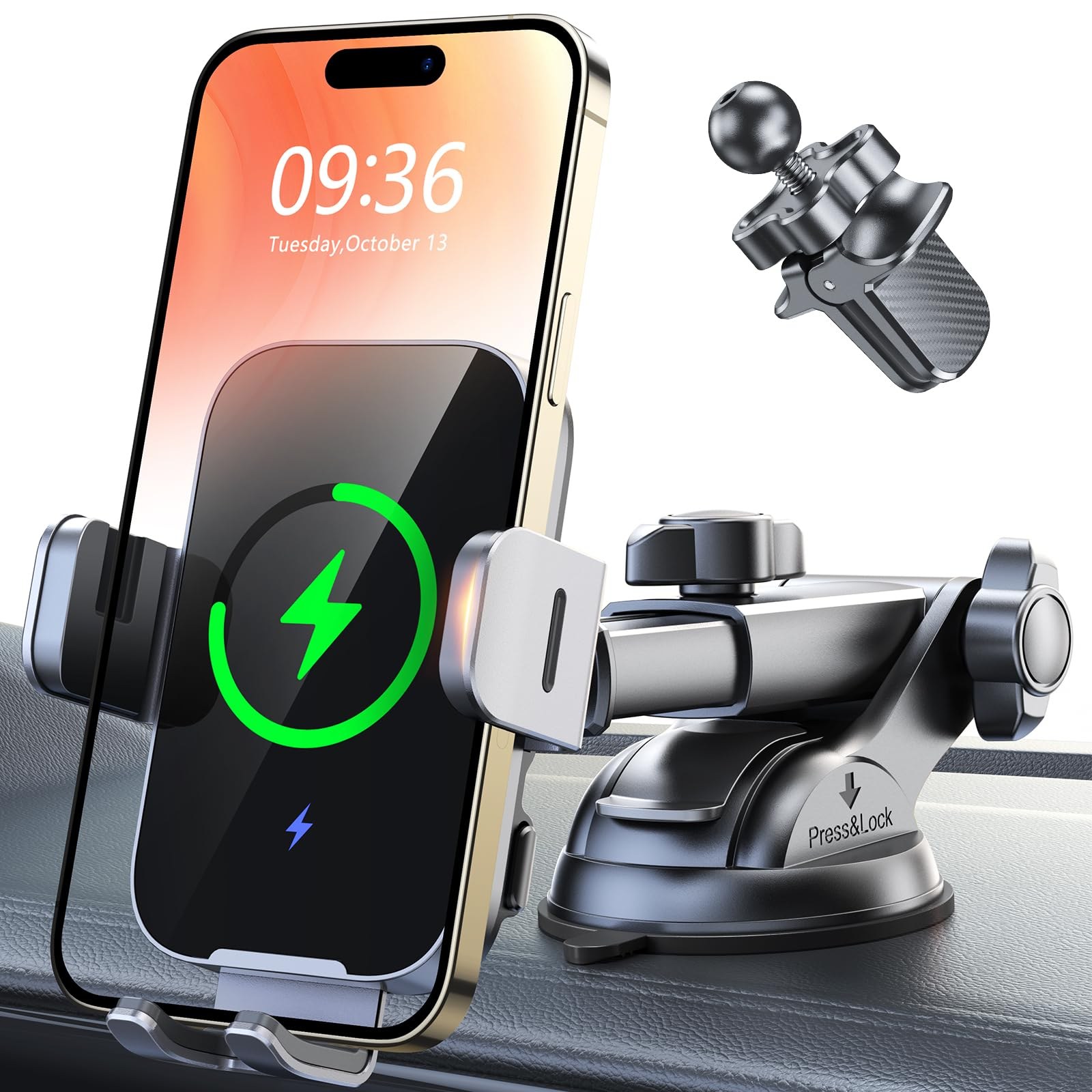 ISEYOU Caricatore Wireless Auto, 15W Supporto Telefono Auto Ricarica Wireless con Auto-Bloccaggio, [Ventosa+Clip] Porta Cellulare Auto Compatibile con iPhone 17 16 Pro Max Plus, G…